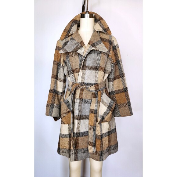 70s Plaid Coat jacket with Pointed Collar and Pockets - Blanket Coat Belted XS S - Picture 3 of 10